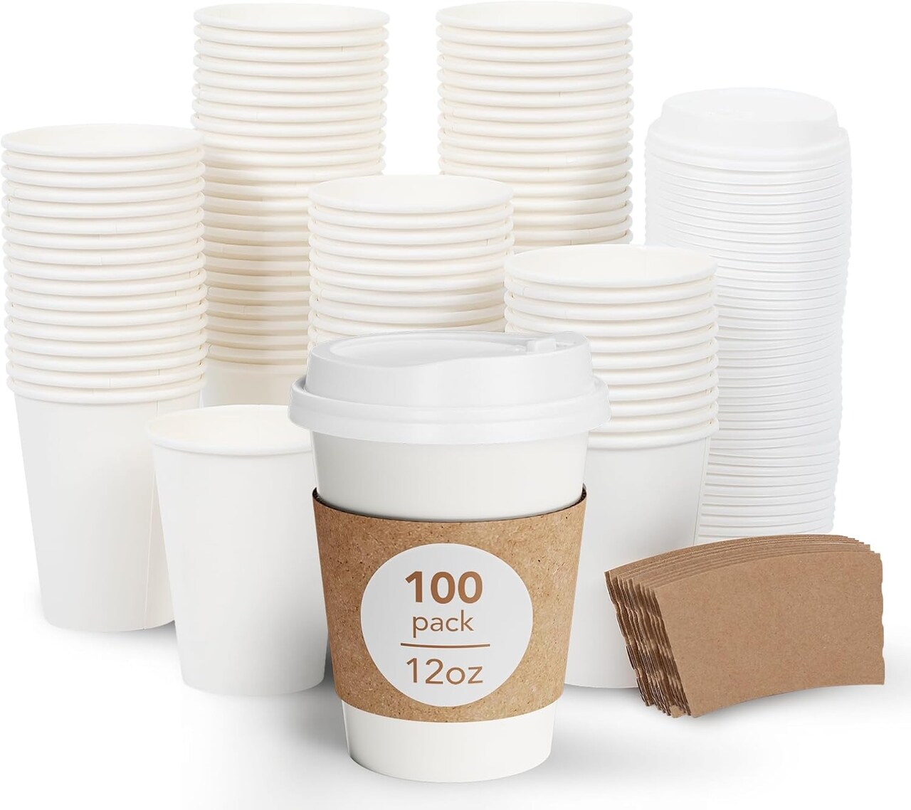 12oz Disposable Coffee Cups with Lids and Sleeves- 100 Pack, Premium Thickened, Leak-Proof Paper Cups for Hot Drinks, To Go Coffee Cups for Home, Office, Parties, Travel